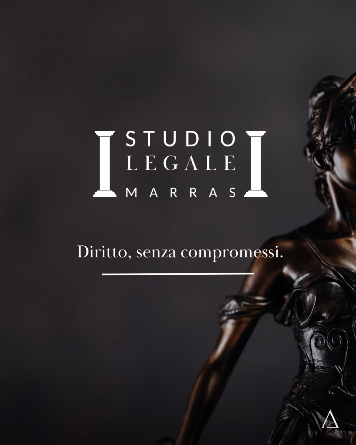 Logo principale dello Studio Legale Marras. Mostra il logo e la statua della Dea Bendata sullo sfondo.